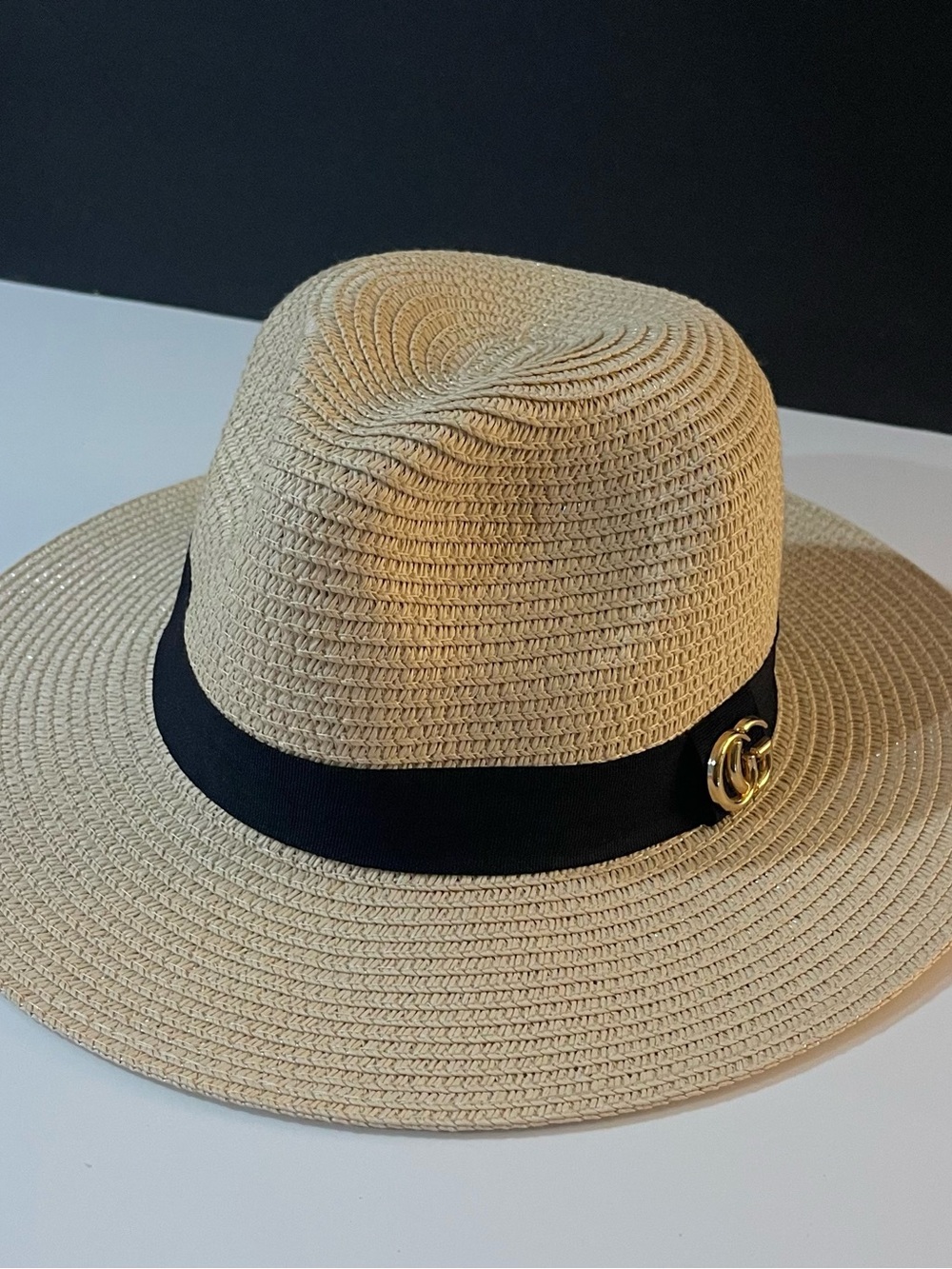 Natural Straw Fedora Hat with Black Band and Gold Accent
